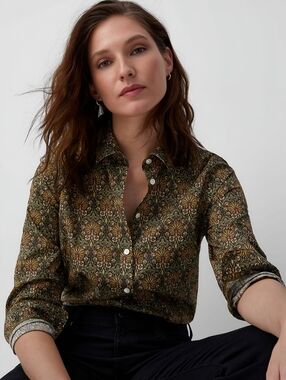 Simons Liberty Fabric Green Orange Button Up Organic Cotton Top, M